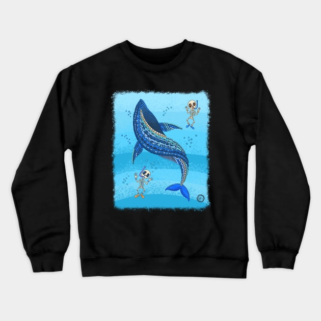 Colorful Blue Whale Skeleton - Dia De Los Muertos - Snorkeling Skeleton Crewneck Sweatshirt by Scriptnbones